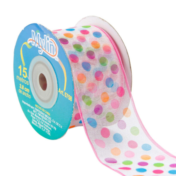 Art.5758 Listón Organza Con Puntos Multicolor 3.8cm 15m