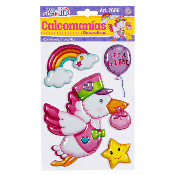 Art.7606 Calcomanía Decorativa Cigueña Rosa Globo Varios Tamaños 1 Planilla (Aprox 4pz)