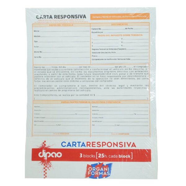 BLOCK CARTA RESPONSIVA DIPAO ORGANIFORMAS  C/25H PAQ C/3 PZAS