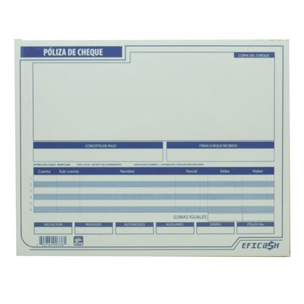 BLOCK CHEQUE POLIZA MEDIA CARTA  EFICASH 0336  PAQ C/5