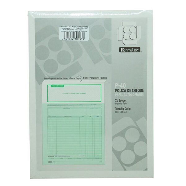 BLOCK CHEQUE POLIZA T/CARTA AUTOCOPIANTE  FORMITEC P-40 PAQ C/3